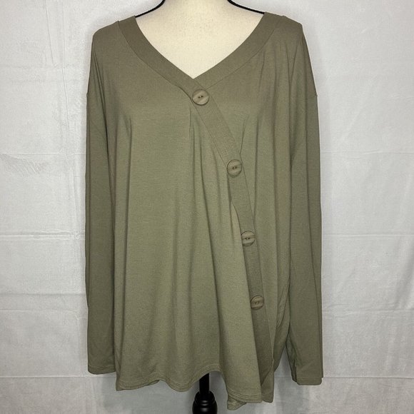 J Jill Stretch Womens Sz 3X Olive Green Faux Wrap Crossover Tunic Big Buttons - Picture 1 of 7